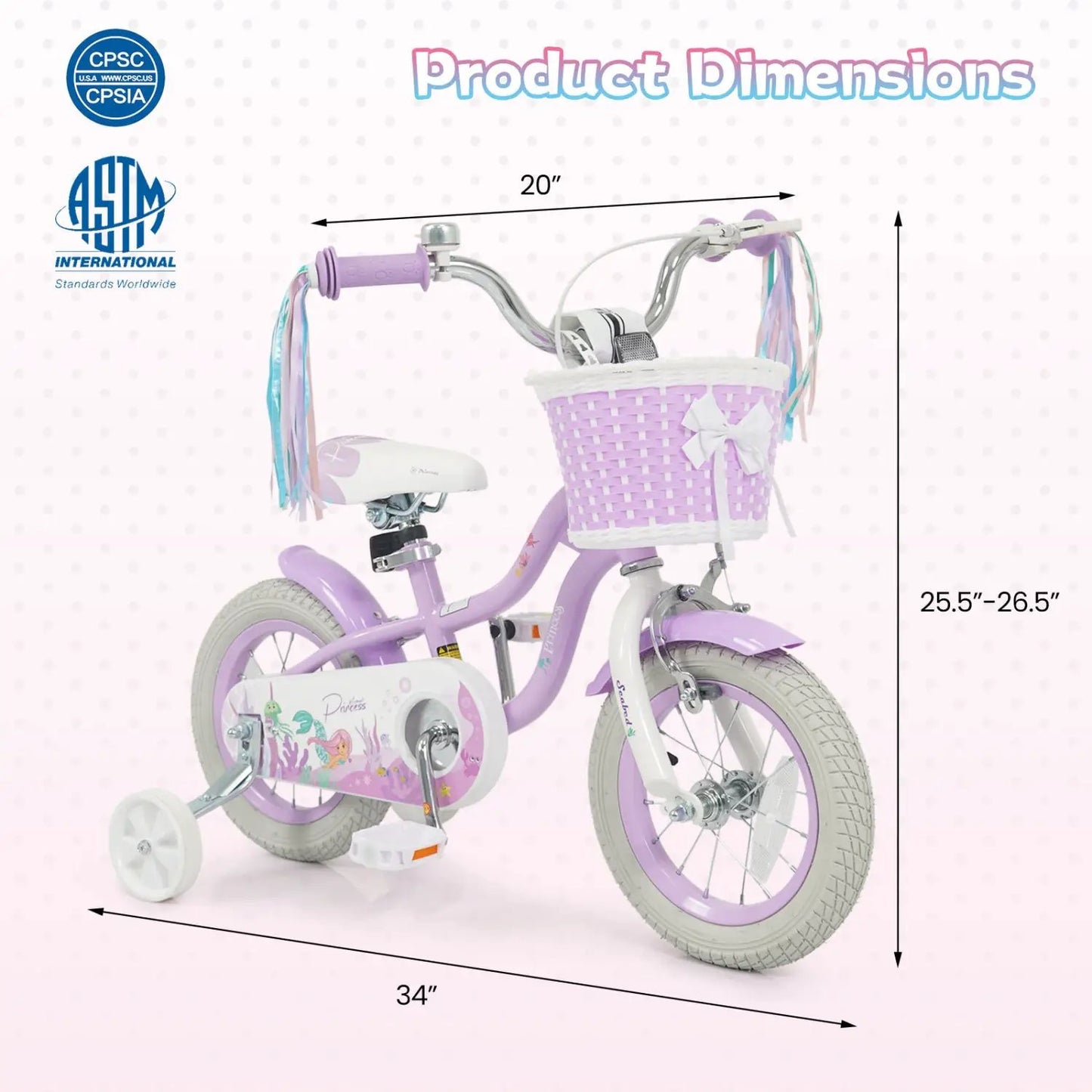 Kids Bike 12-20 Inch With Training Wheels Purple