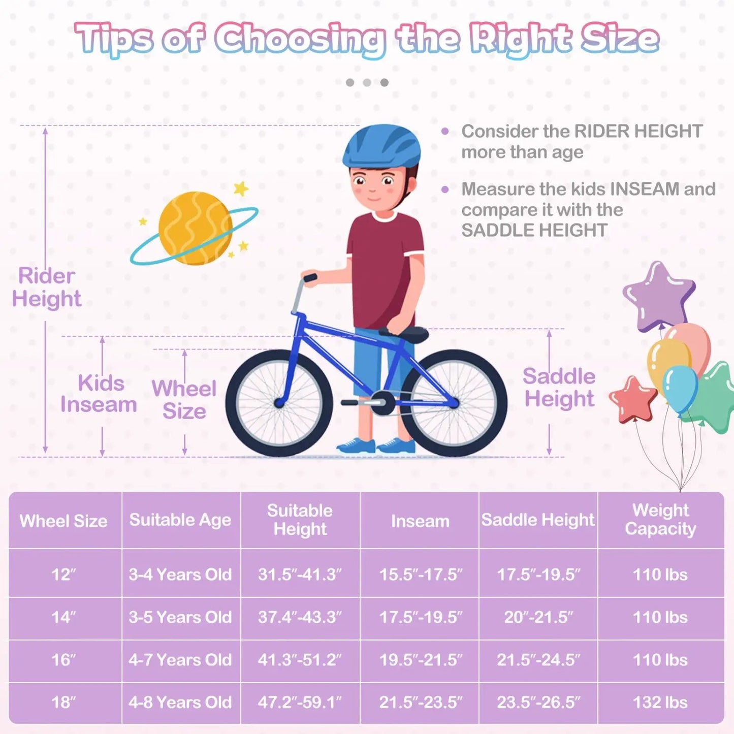 Kids Bike 12-20 Inch With Training Wheels Purple