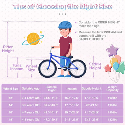 Kids Bike 12-20 Inch With Training Wheels Purple