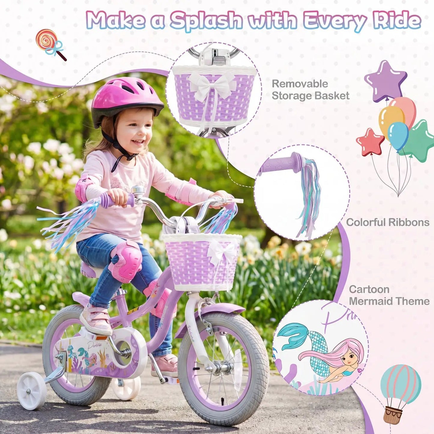 Kids Bike 12-20 Inch With Training Wheels Purple