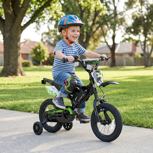 12 Inch Kids Bike with Training Wheels by DirectDeals, black frame with green flames on Tampa Home & Garden Store