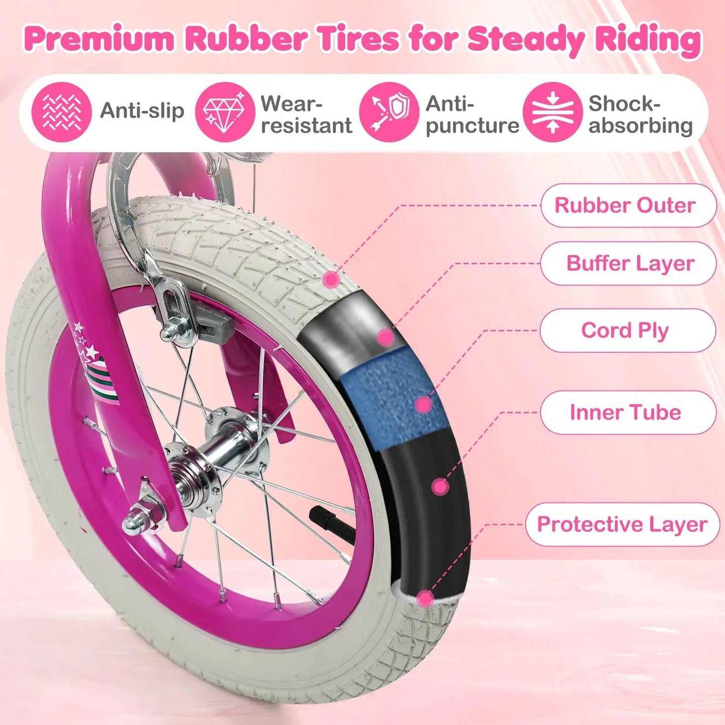 Kids Bike 12-18 Inch with Training Wheels Pink