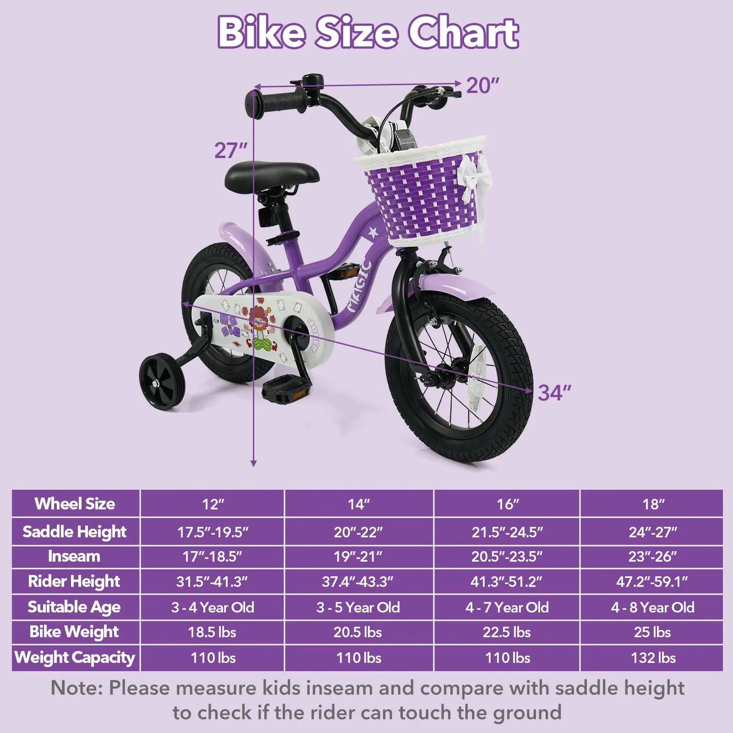 Kids Bike With Training Wheels 12 To 18 Purple