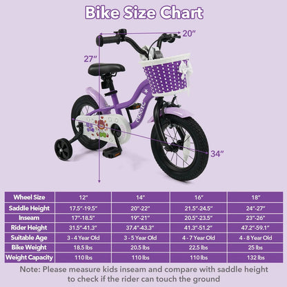 Kids Bike With Training Wheels 12 To 18 Purple