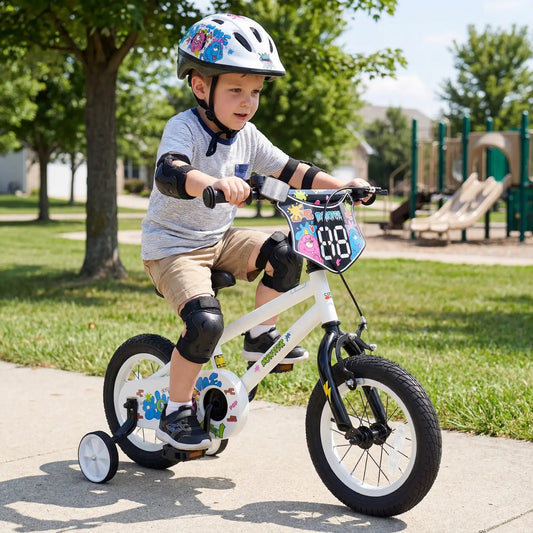 Kids Bike with Training Wheels 12-18 Inch White DirectDeals, white frame with decals on Tampa Home & Garden Store