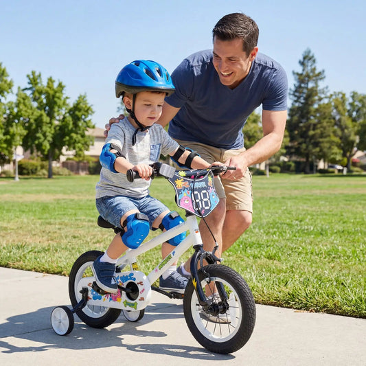 DirectDeals Kids Bike with Training Wheels 12-18in white, kid riding with blue helmet on Tampa Home & Garden Store