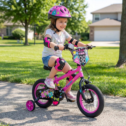 Kids Bike with Training Wheels 12-18 Inch Pink DirectDeals, pink frame with monster decals on Tampa Home & Garden Store