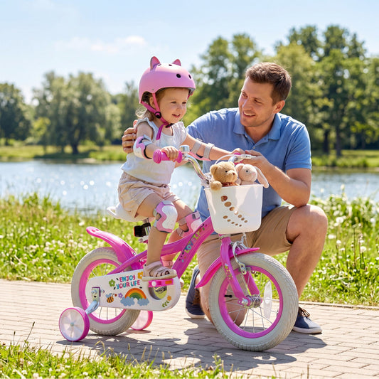 Girls bike 12-18 inch pink with training wheels and white basket holding two teddy bears on Tampa Home & Garden Store