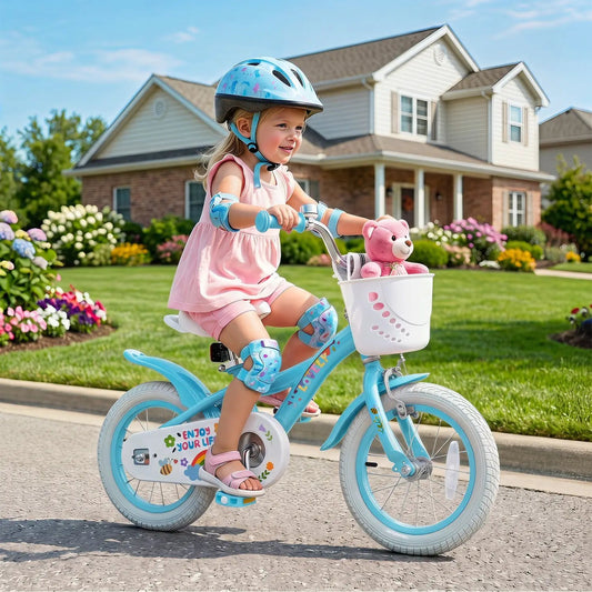 Girls bike 12-18 inch DirectDeals with training wheels and front basket blue frame pink accents on Tampa Home & Garden Store