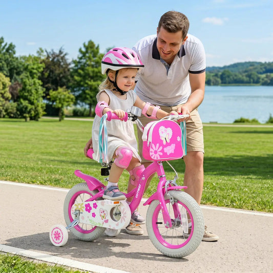 DirectDeals Girls Bike 12-18 Inch with Training Wheels, pink frame and front bag on Tampa Home & Garden Store