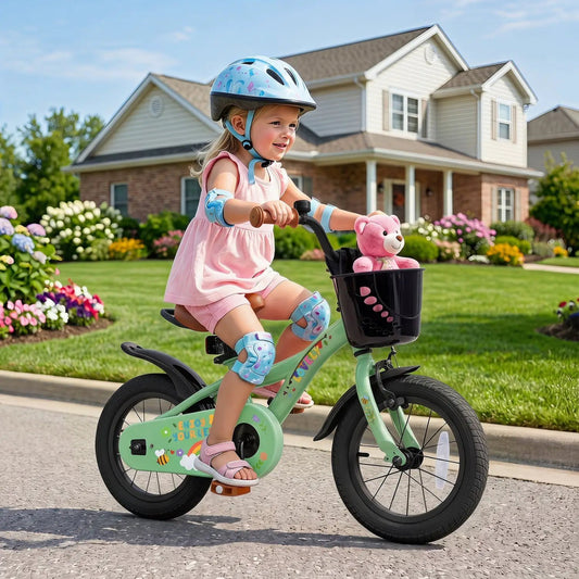 Girls 12-inch bike in mint green with training wheels and a front basket holding a pink bear on Tampa Home & Garden Store