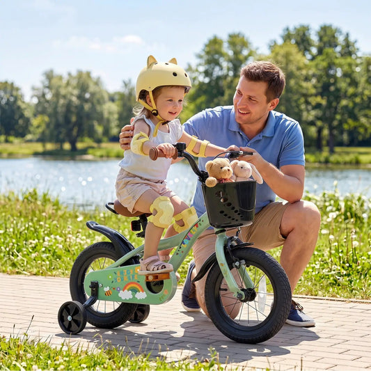 Girls 12-inch bike with training wheels in mint green, front basket with plush toys, DirectDeals on Tampa Home & Garden Store