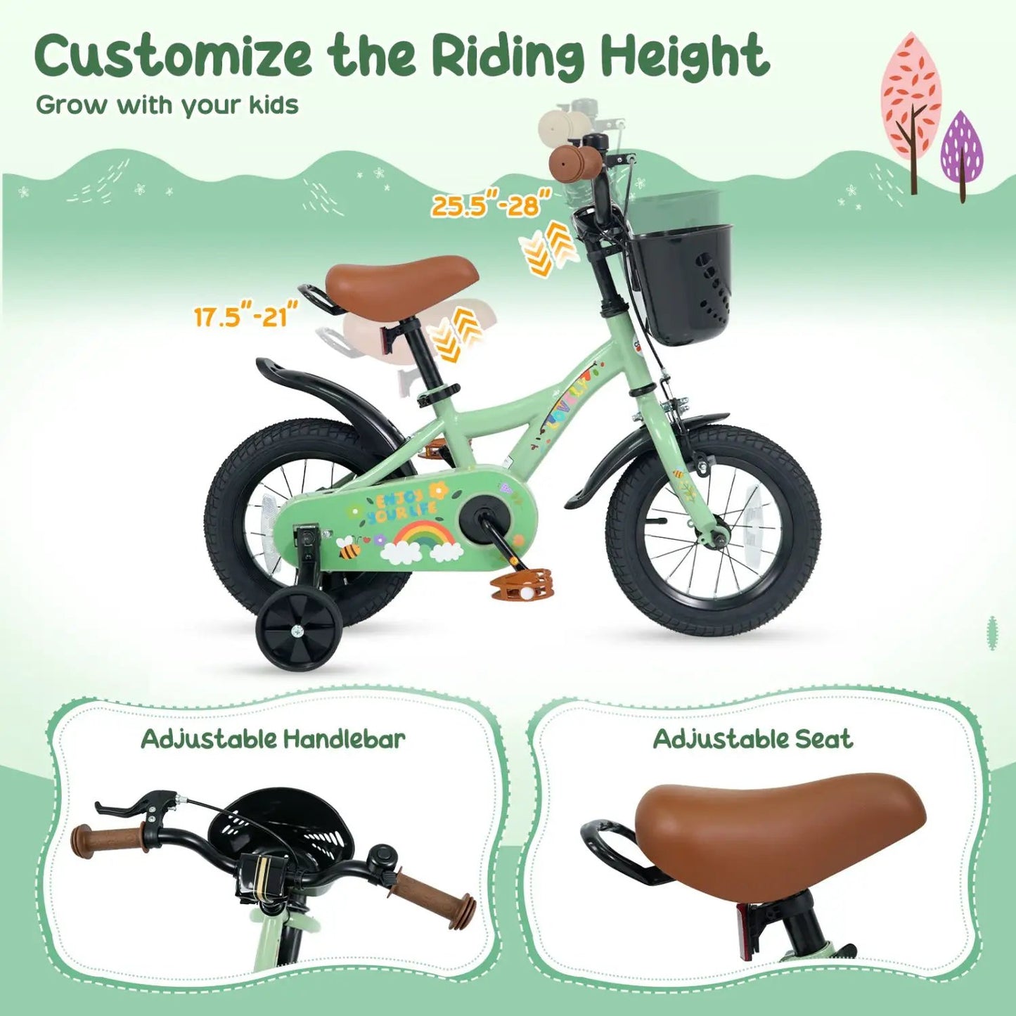 Girls 12 Inch Bike With Green Training Wheels