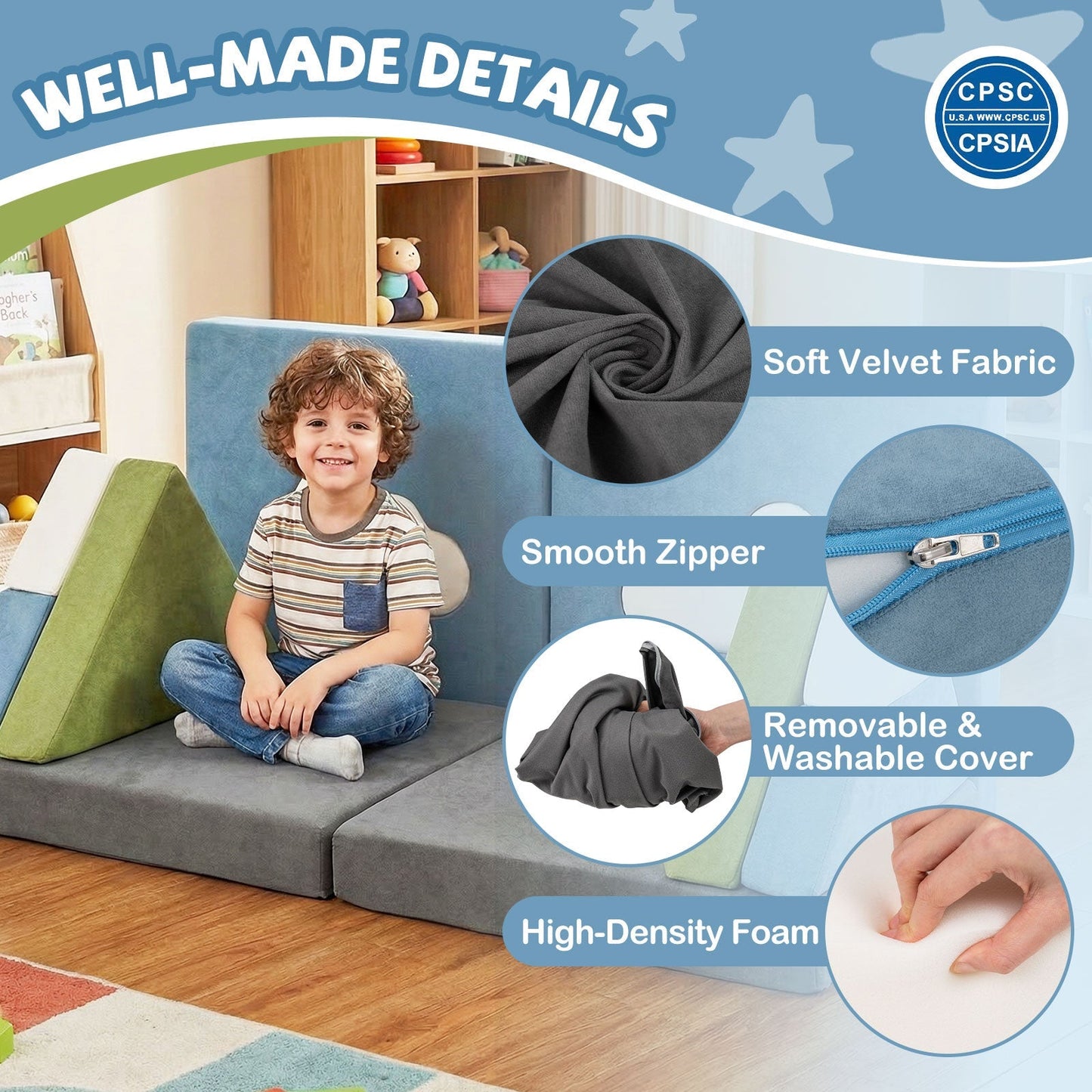 GemGear 12-Piece Snow Mountain Toddler Foam Fort with soft velvet fabric and high-density foam on Tampa Home & Garden Store