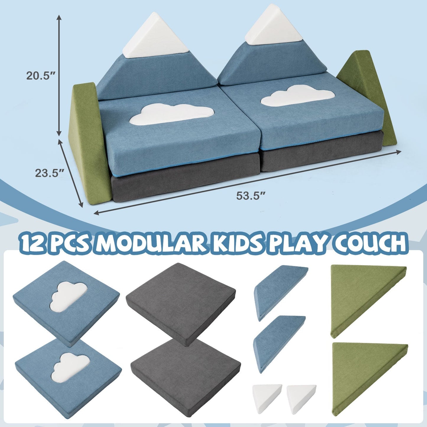 GemGear 12-piece Snow Mountain toddler foam fort with blue cushions and white mountain peaks on Tampa Home & Garden Store