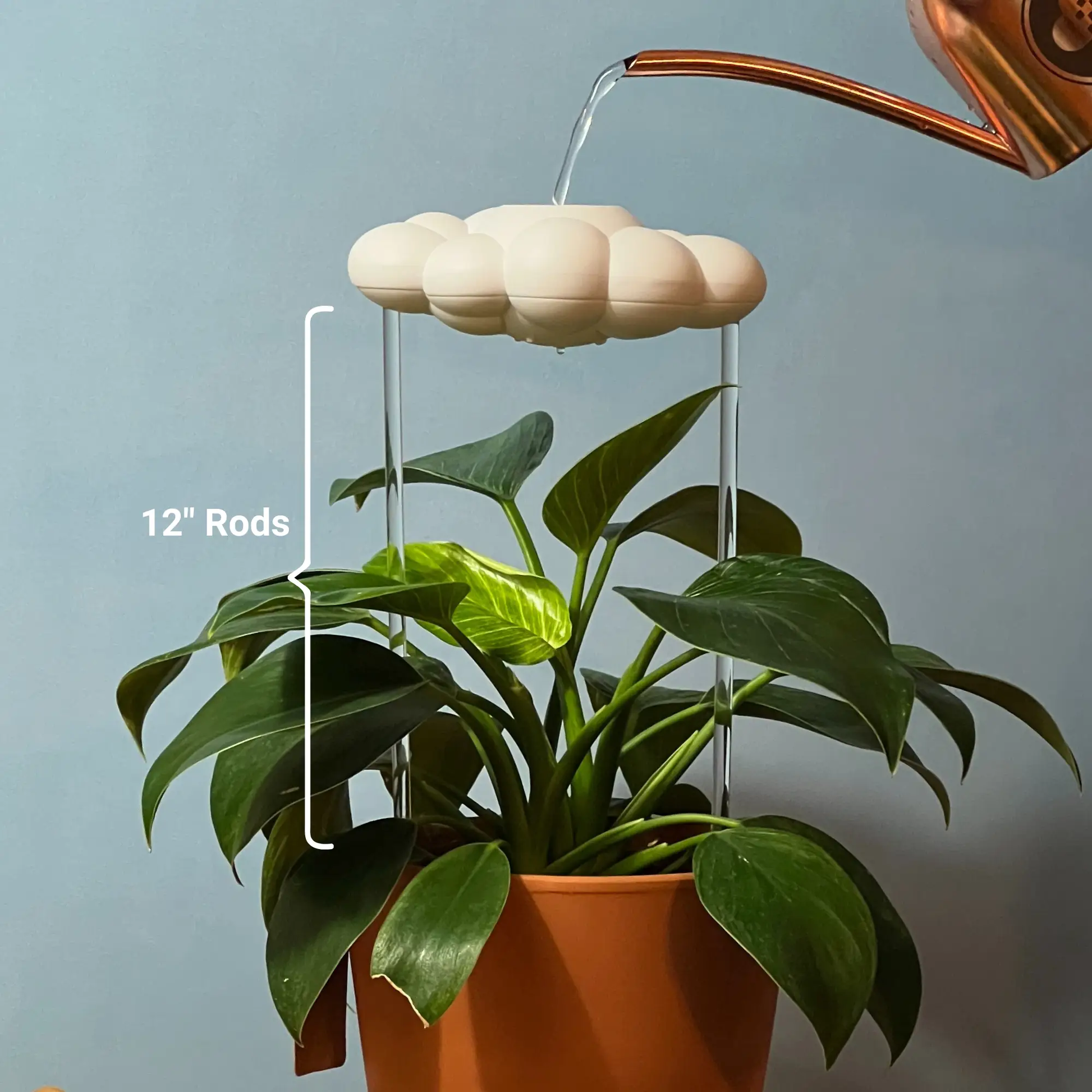 Stormy Dripping Rain Cloud watering can pours onto a white cloud plant accessory on Tampa Home & Garden Store