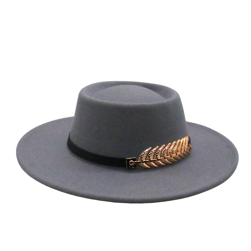 Stevvex gray fedora hat with black band and gold leaf accent on Tampa Home & Garden Store