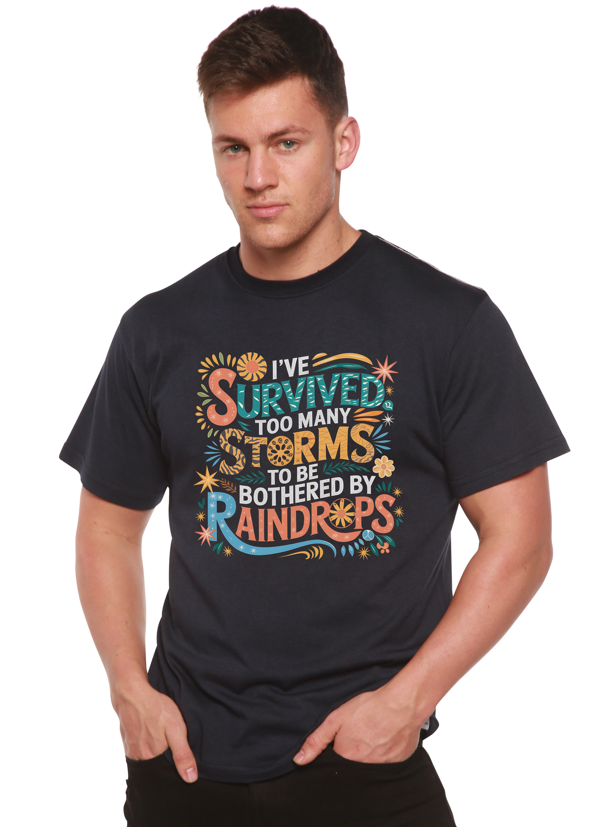 Unisex bamboo/cotton graphic tee navy with colorful storm design by Spun Bamboo on Tampa Home & Garden Store