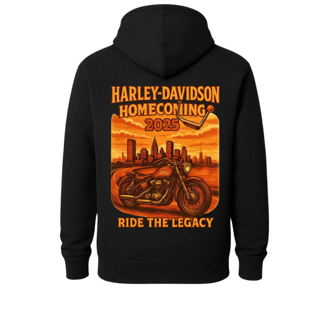 Hoodie Harley-Davidson Homecoming 2025 back graphic on black with orange motorcycle Ride the Legacy on Tampa Home & Garden Store