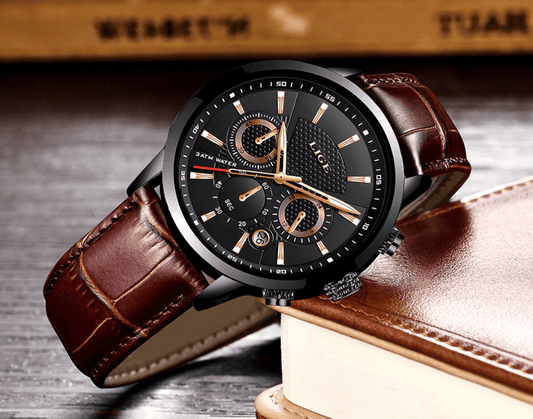 Men's Stevvex waterproof analog watch with brown leather strap, black dial and chrono subdials on Tampa Home & Garden Store