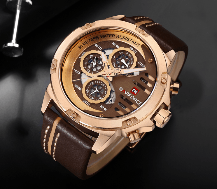 Men's sport waterproof watch ST1N400MMF, rose gold case, leather strap, Naviforce logo on Tampa Home & Garden Store