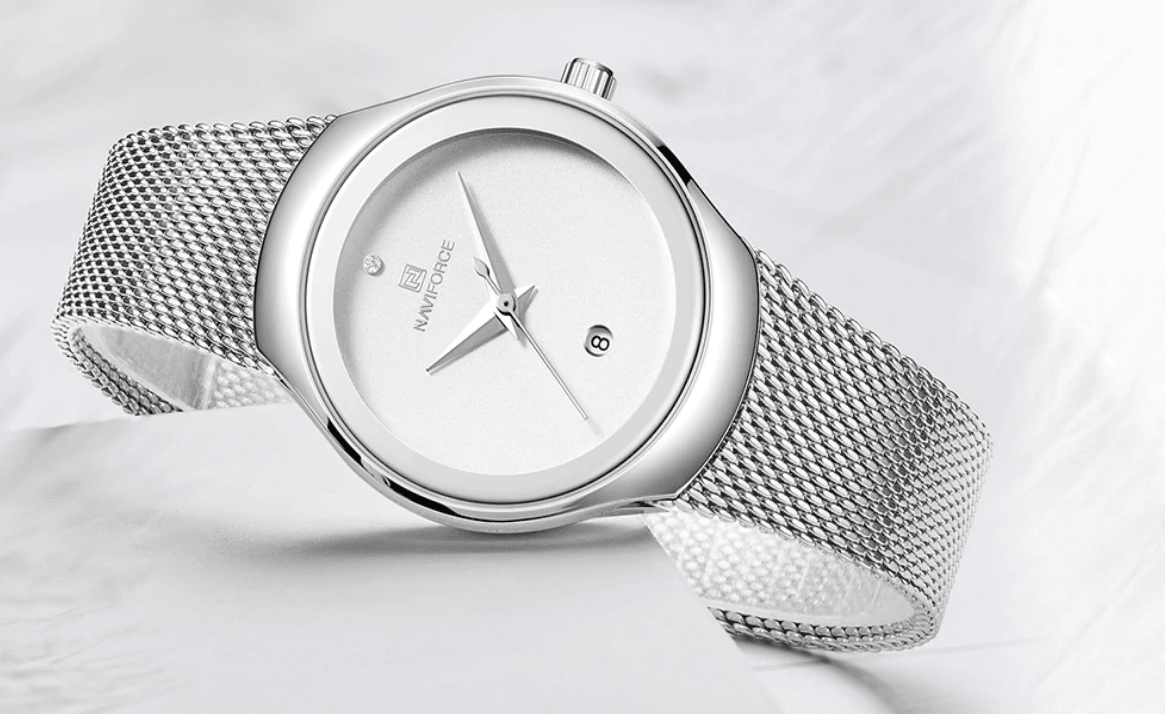 Naviforce women's stainless steel watch with silver mesh bracelet and date window on Tampa Home & Garden Store