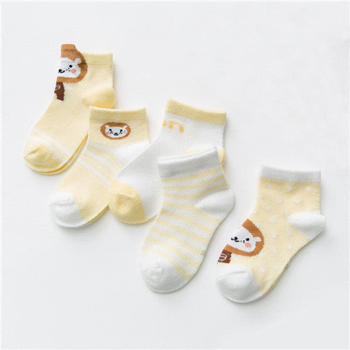 Infant baby socks 5 pairs Stevvex breathable mesh cotton yellow and white with animal faces on Tampa Home & Garden Store