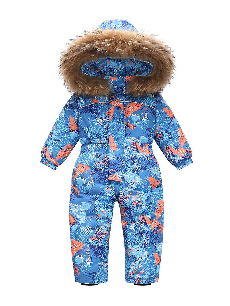 Stevvex kids' blue abstract print puffer jumpsuit with fur-trimmed hood on Tampa Home & Garden Store