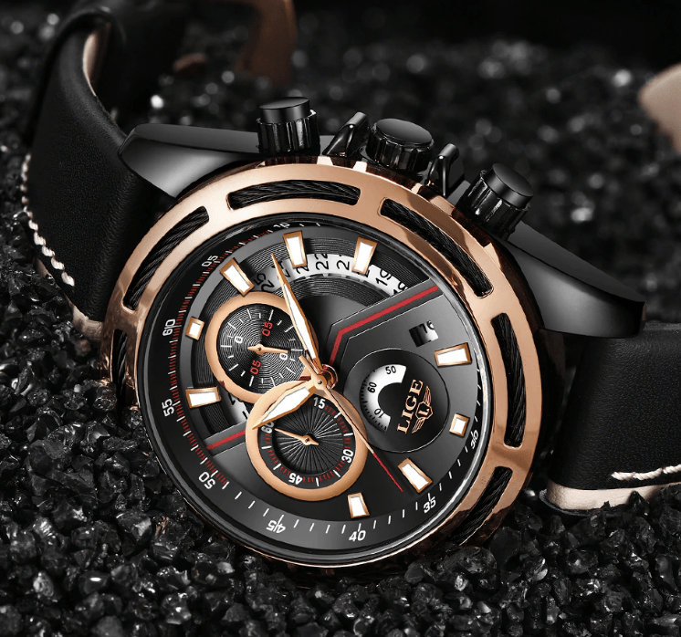 Men's Stevvex waterproof chronograph watch with black leather strap and rose-gold bezel on Tampa Home & Garden Store