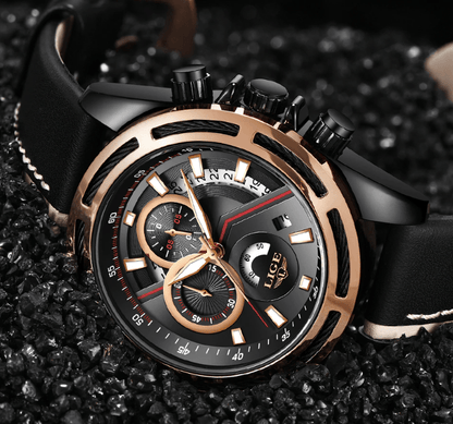 Men's Stevvex waterproof chronograph watch with black leather strap and rose-gold bezel on Tampa Home & Garden Store