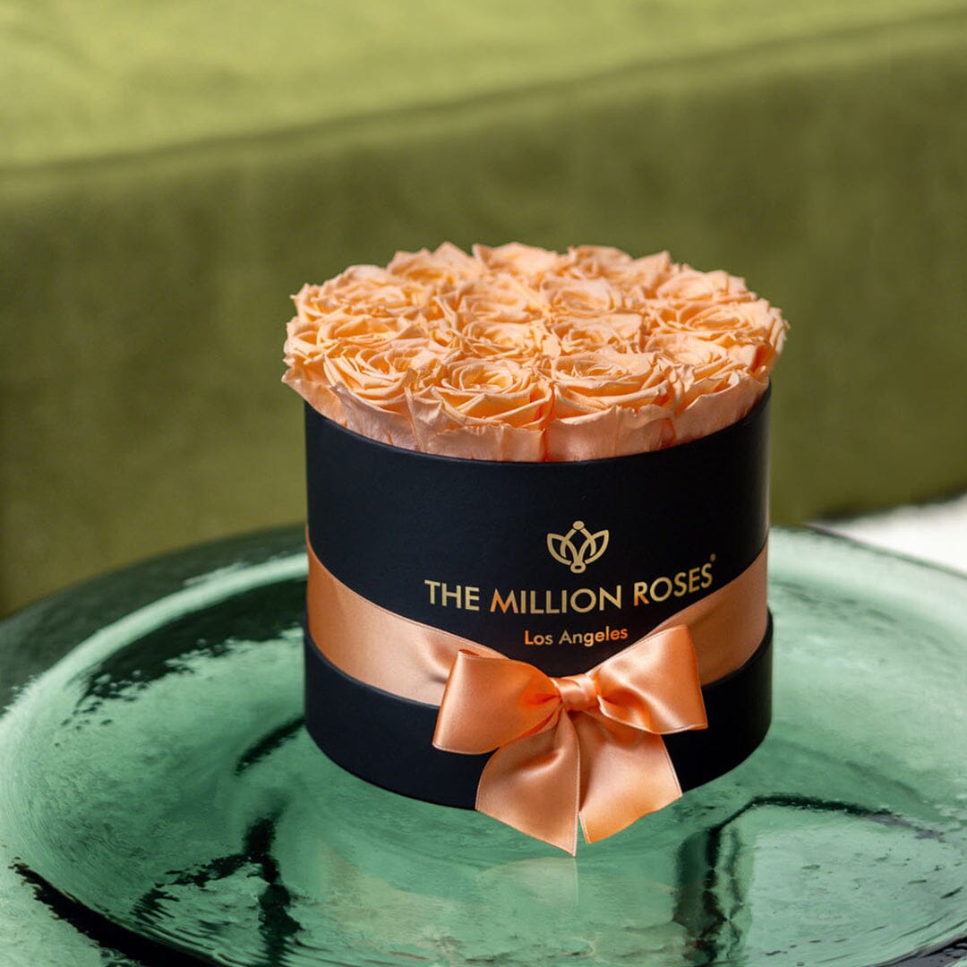 Classic Black Box peach roses in a black hat box with peach satin ribbon by The Million Roses on Tampa Home & Garden Store
