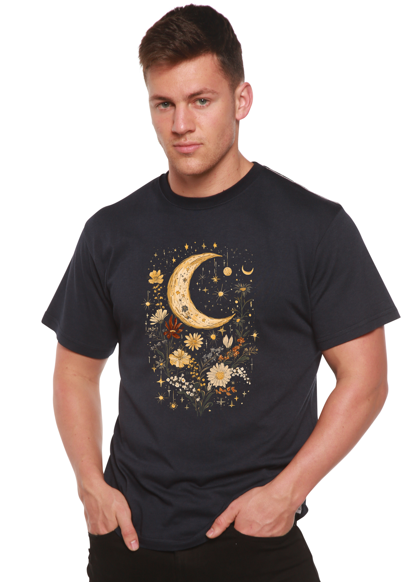 Celestial Moon Boho Flowers graphic T-shirt, black bamboo/cotton, men's cut by Spun Bamboo on Tampa Home & Garden Store
