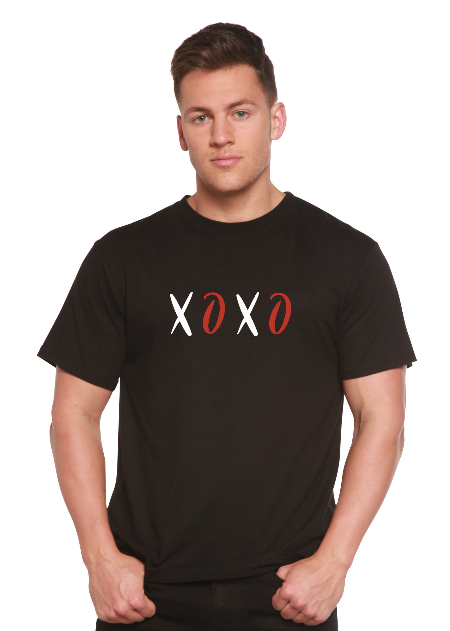XOXO unisex bamboo/cotton graphic T-shirt black with white and red print by Spun Bamboo on Tampa Home & Garden Store