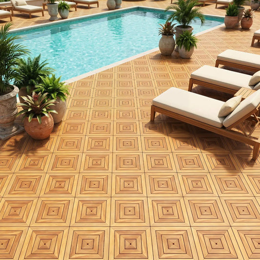 Acacia Wood Interlocking Deck Tiles 12x12 in, 24-pack by DirectDeals, warm tan tiles by pool on Tampa Home & Garden Store