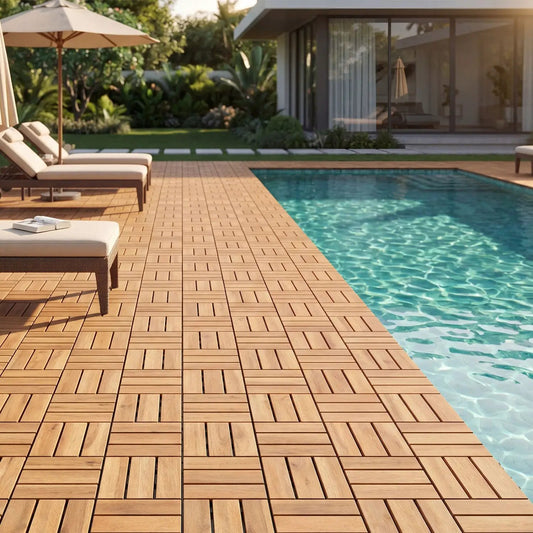Acacia Wood Interlocking Deck Tiles 12x12 Inch 27 Pack DirectDeals poolside patio with loungers on Tampa Home & Garden Store