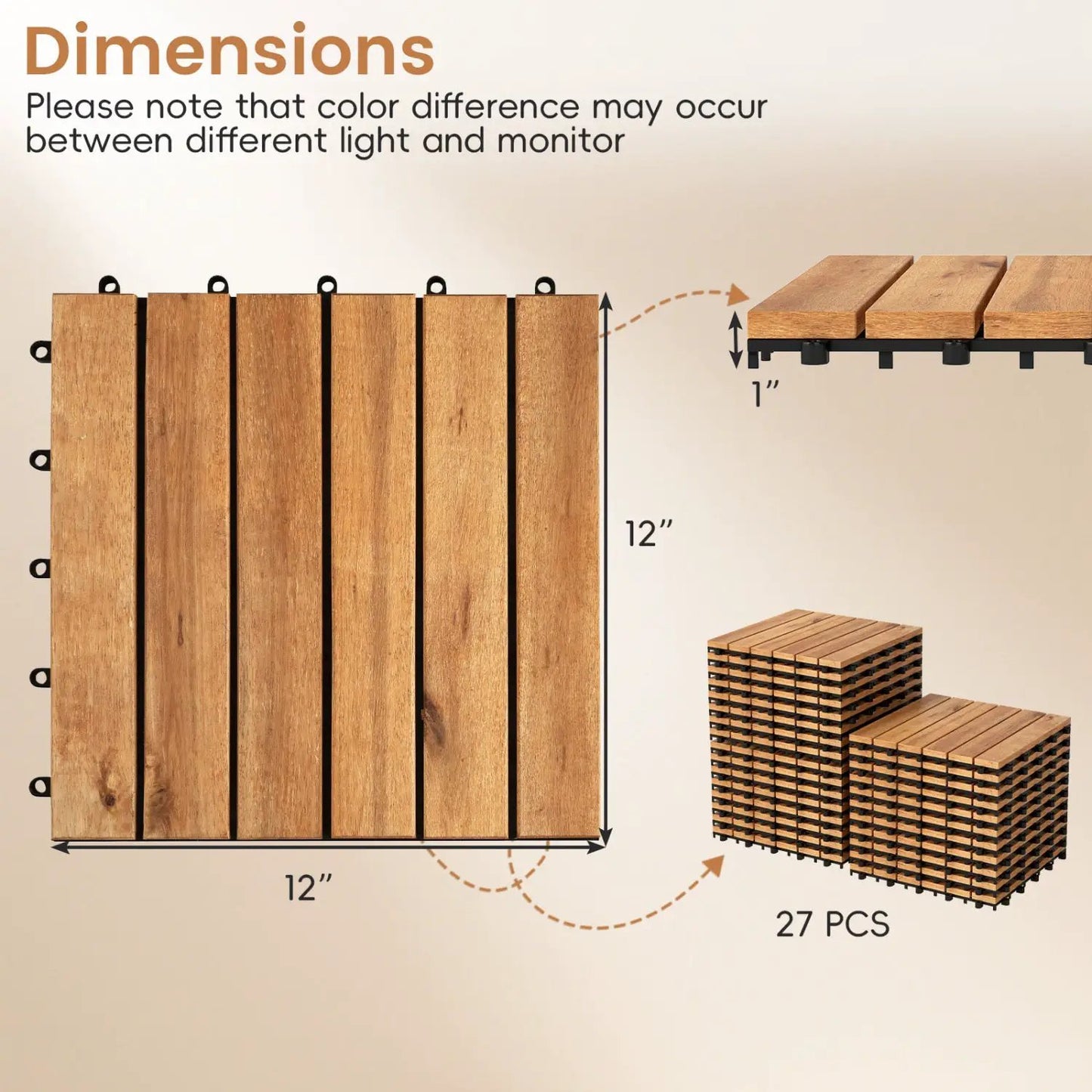 Acacia Wood Interlocking Deck Tiles 12x12 Inch