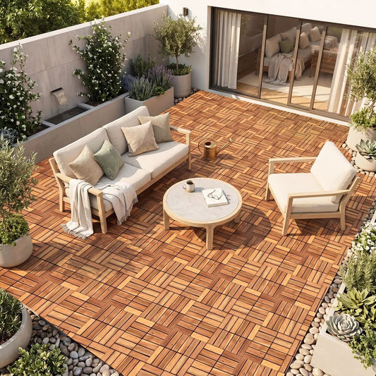 Acacia wood interlocking deck tiles 12x12 in, 27-pack DirectDeals brown patio flooring on Tampa Home & Garden Store