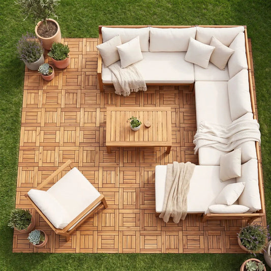 Acacia wood interlocking deck tiles 12x12 natural in outdoor lounge with cream cushions on Tampa Home & Garden Store