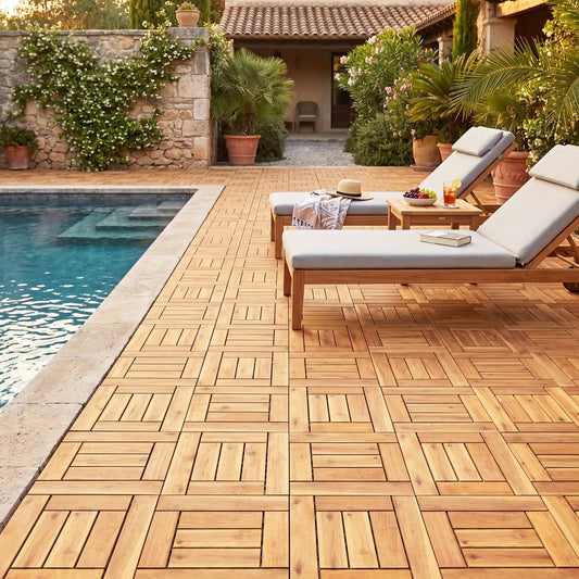 Acacia wood interlocking deck tiles 12x12 natural finish DirectDeals poolside patio tiles on Tampa Home & Garden Store