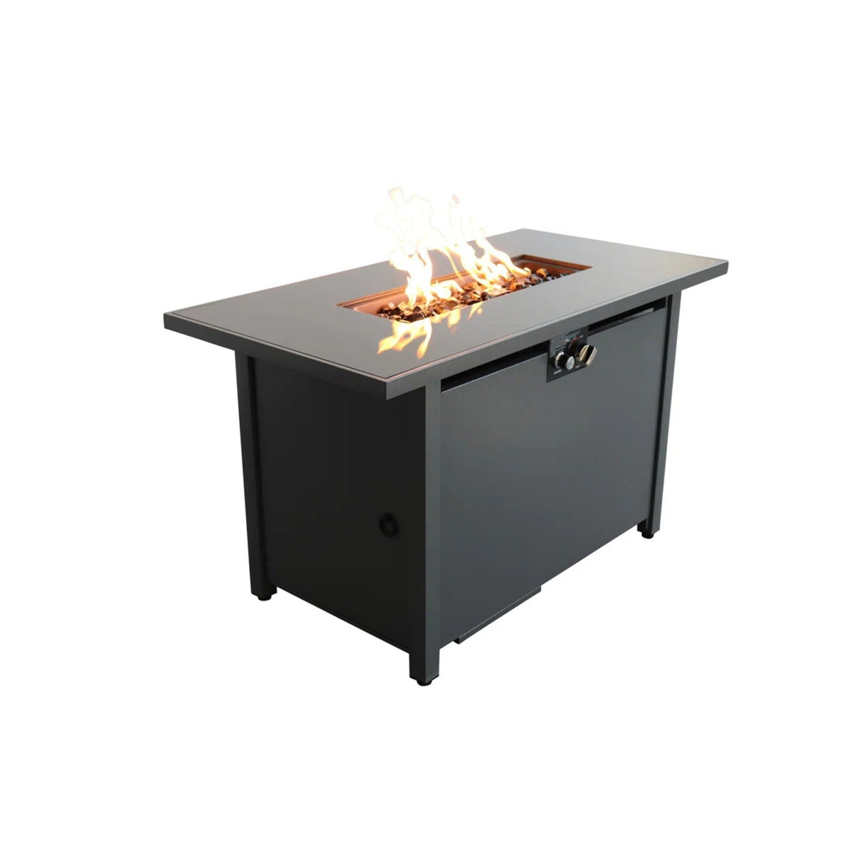 Rectangular fire pit table by HouseOfZazla in dark gray with copper inset fire pit on Tampa Home & Garden Store