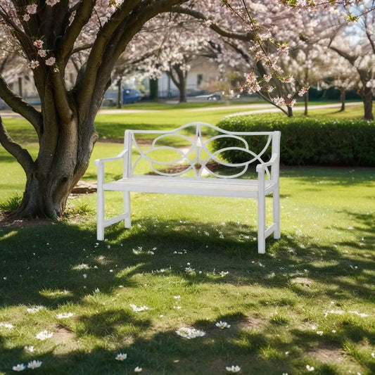 Outdoor garden patio bench with backrest and armrests, white metal, slatted seat for 2-3 people on Tampa Home & Garden Store