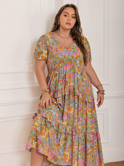 Plus Size V-Neck Short Sleeve Maxi Dress by Stevvex pastel floral print with tiered skirt on Tampa Home & Garden Store