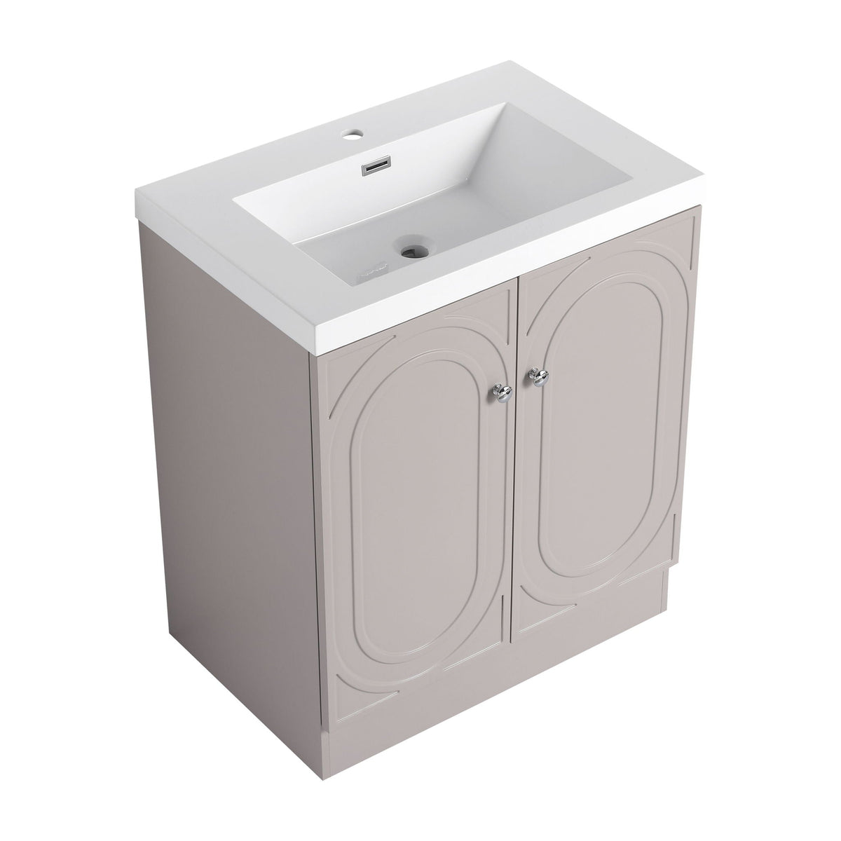 Freestanding bath vanity with white resin sink on light gray cabinet and arched panel doors on Tampa Home & Garden Store