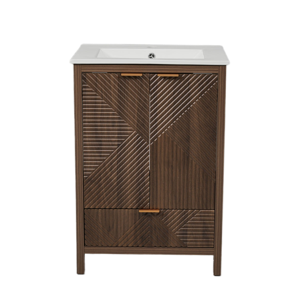 HouseOfZazla modern bathroom vanity with sink, dark brown wood, white top, 2-door cabinet on Tampa Home & Garden Store