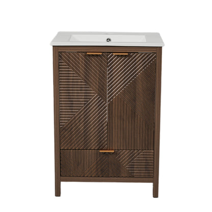 HouseOfZazla modern bathroom vanity with sink, dark brown wood, white top, 2-door cabinet on Tampa Home & Garden Store