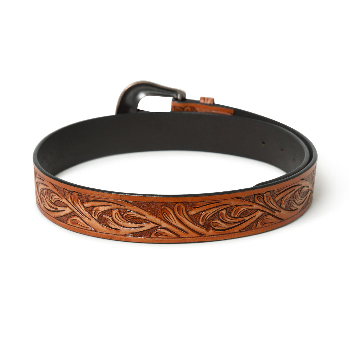 Western Cowboy Leather Belt brown with tooled floral pattern and metal buckle on Tampa Home & Garden Store