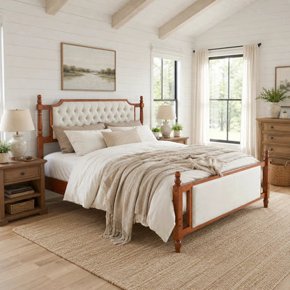 King Size Upholstered Platform Bed with Button Tufted Headboard, cream fabric on Tampa Home & Garden Store