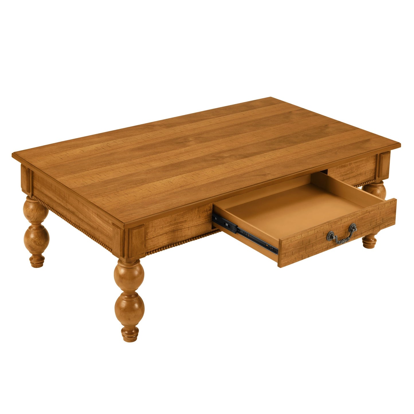 Rectangular wooden coffee table with storage drawer in honey oak finish on Tampa Home & Garden Store
