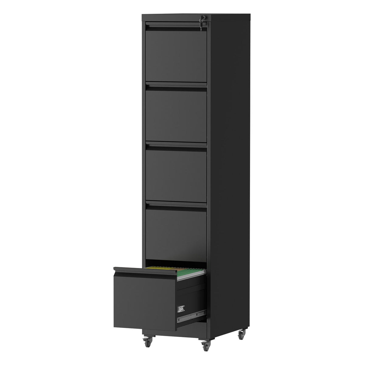 HouseOfZazla metal vertical filing cabinet in black with locking drawers and rolling wheels on Tampa Home & Garden Store