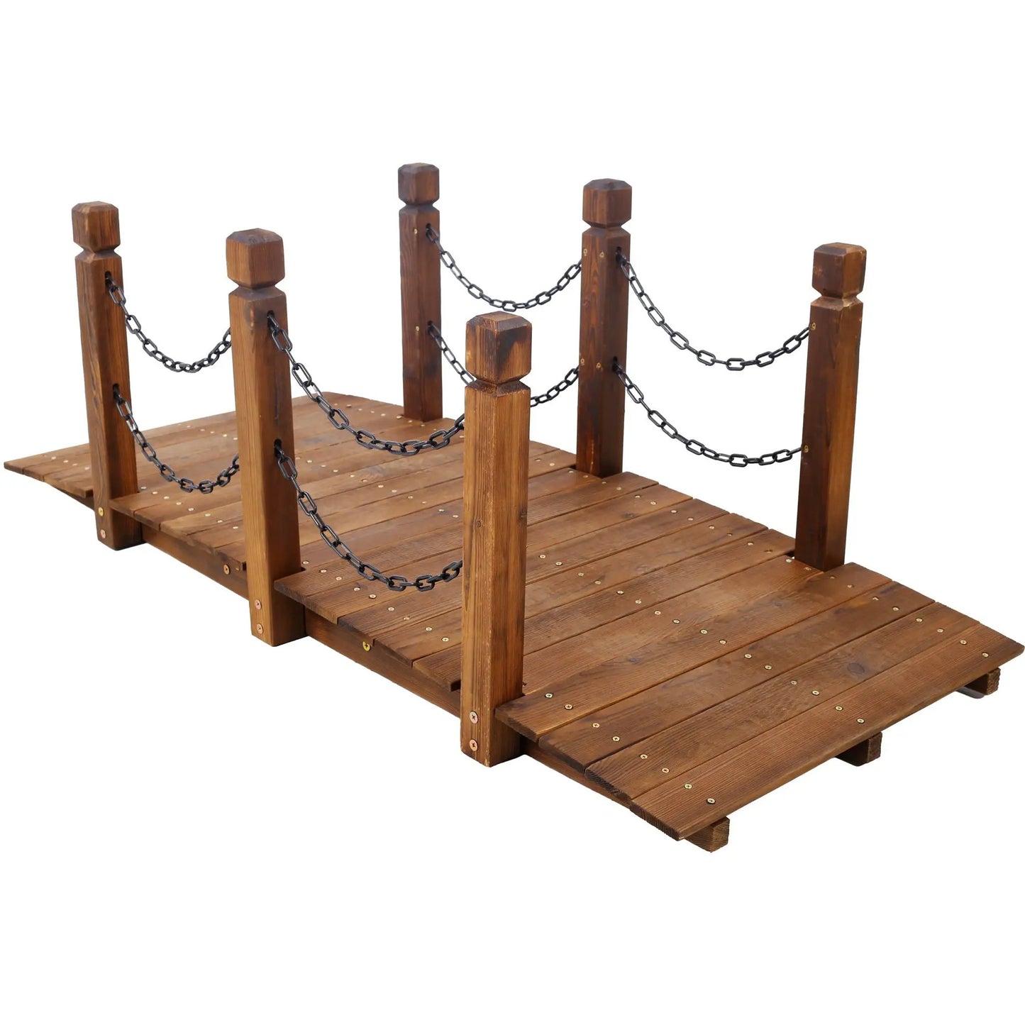 Wooden Arc Footbridge With Chain Railings Brown